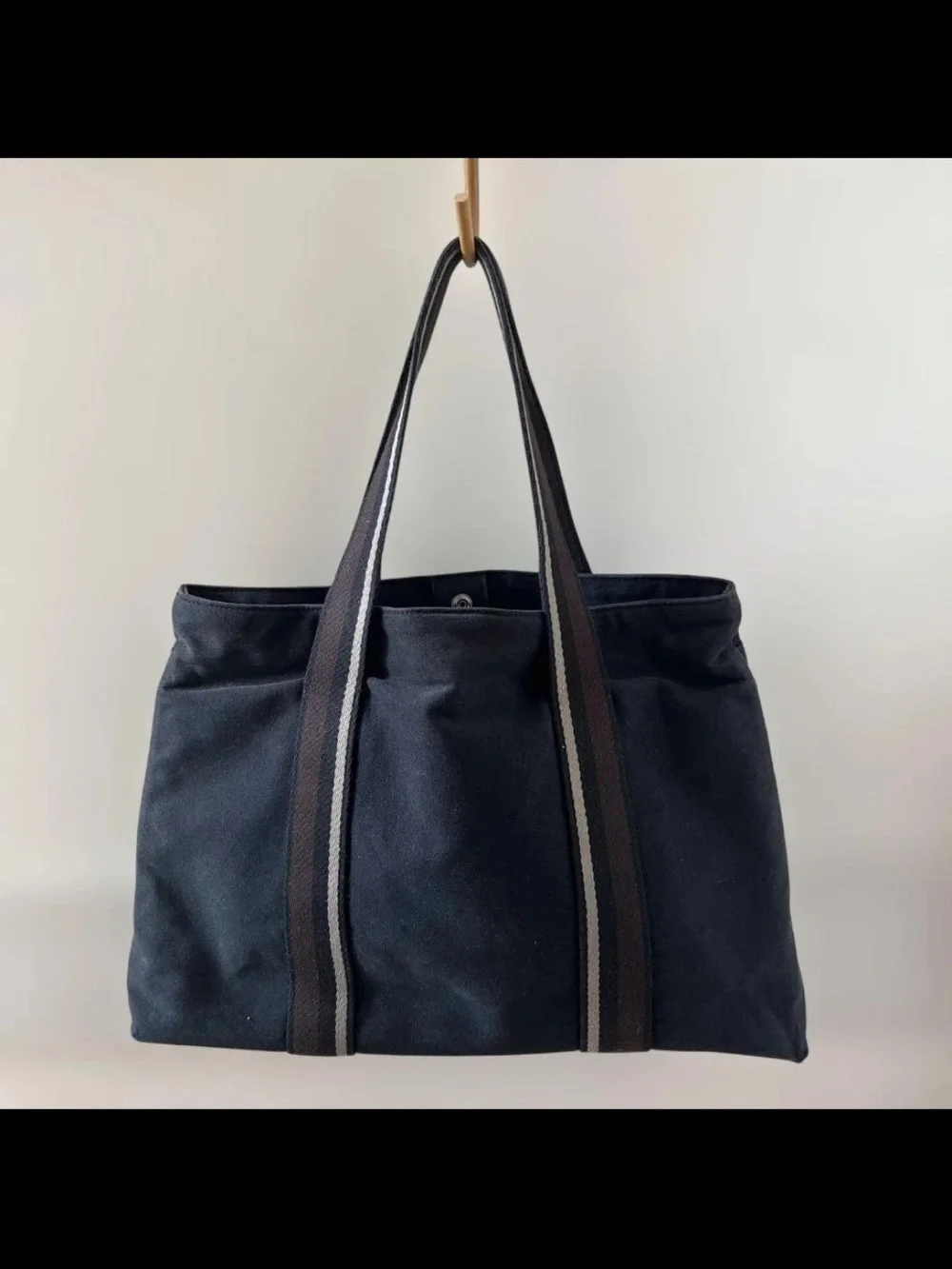 Hermes Black Canvas Tote with Brown and Gray Striped Straps